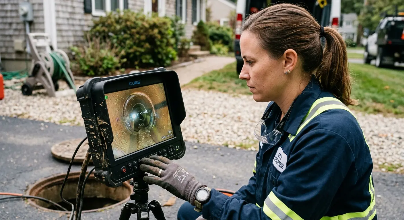 Technician reviewing sewer camera inspection footage in Morrisville