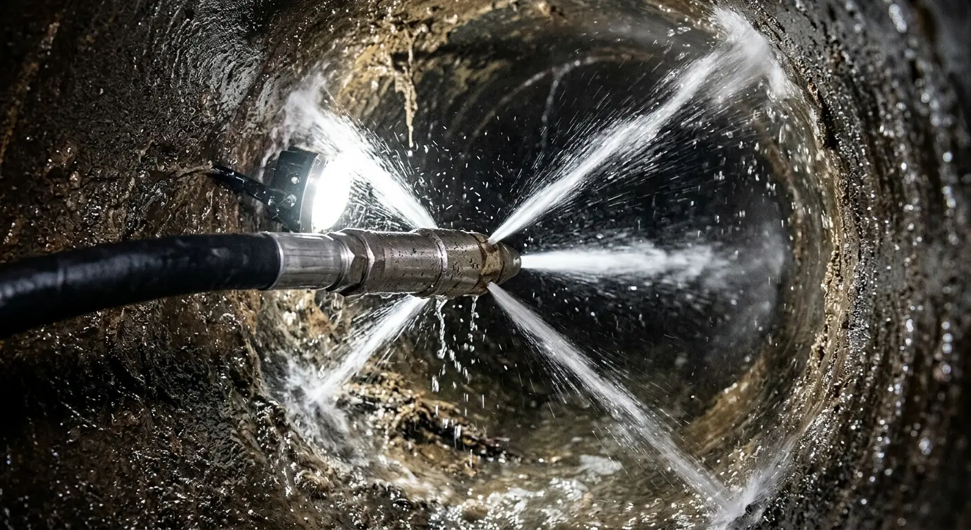 High-pressure hydro jetting nozzle cleaning sewer pipe for Trenchless Sewer Repair in Morrisville